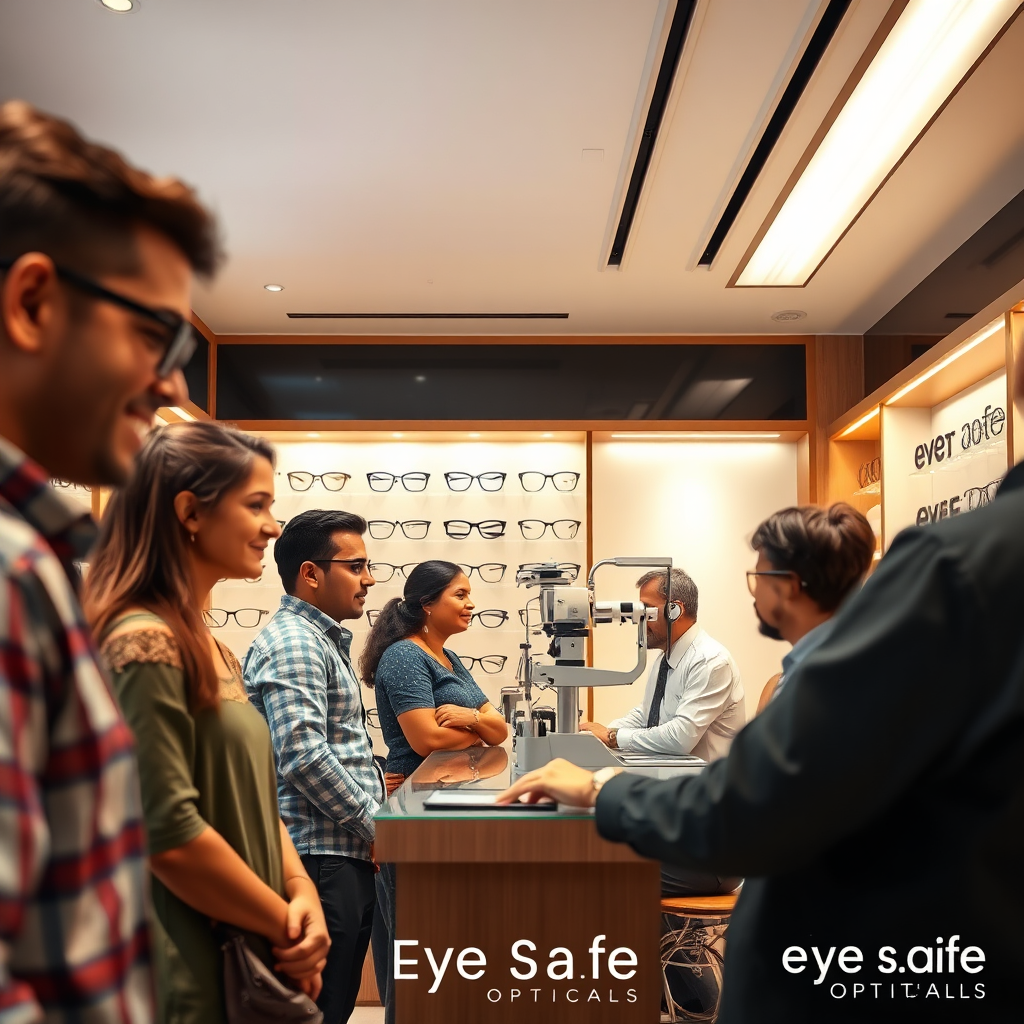 Create a photorealistic, ultra-high-resolution 8K image for Eye Safe Opticals. The scene depicts a bright, modern eyewear boutique in Bangalore. A diverse group of customers is browsing a curated collection of stylish frames. An experienced optometrist is conducting an eye exam with state-of-the-art equipment in a separate, well-lit area. The composition should be balanced, with a warm and inviting color palette. Soft, diffused lighting should highlight the quality of the eyewear and the professionalism of the staff. Focus on textures such as the smooth surfaces of the frames, the clean lines of the furniture, and the friendly expressions of the people. Use a slightly low camera angle to convey a sense of trustworthiness and expertise. Include subtle branding elements of 'Eye Safe Opticals'. Style reference: clean, modern retail photography. Hyperrealistic details are crucial.