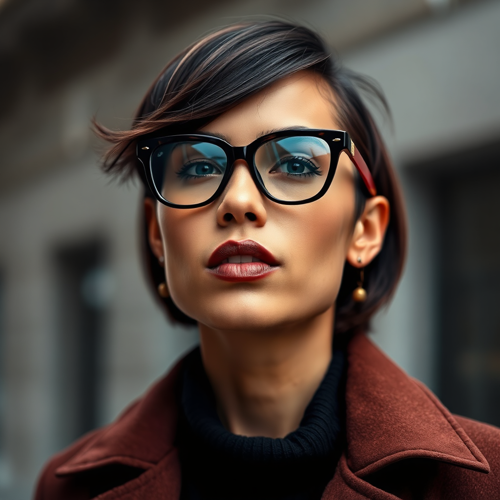 Image featuring a person wearing stylish eyewear, looking confident and fashionable. The focus is on how the eyewear enhances their features and overall appearance. Style: portrait photography with a focus on fashion.